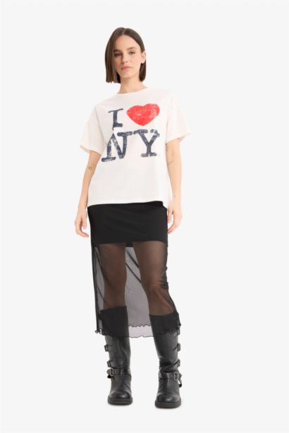 I Love NY Oversize Geniş Kalıp Bisiklet Yaka Baskılı Kısa Kollu Tişört