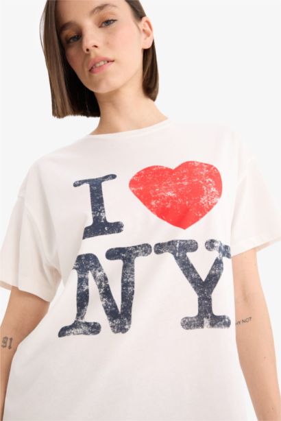 I Love NY Oversize Geniş Kalıp Bisiklet Yaka Baskılı Kısa Kollu Tişört