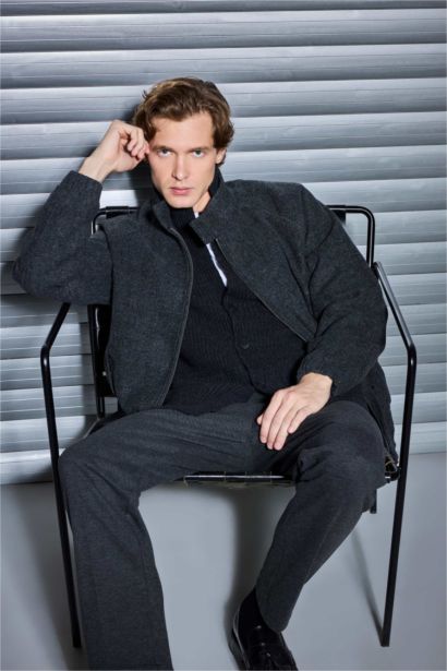 Regular Fit Stand Collar Zippered Lined Jacket