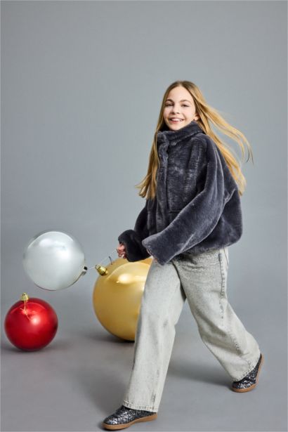 Fermuarlı Cepli Pelüş Mont Kız Çocuk