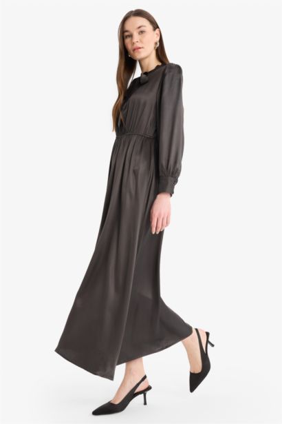 Regular Fit Bow Collar Satin Midi Dress