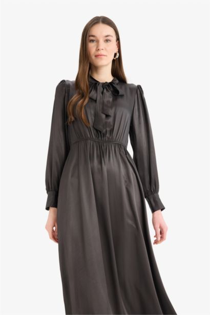 Regular Fit Bow Collar Satin Midi Dress