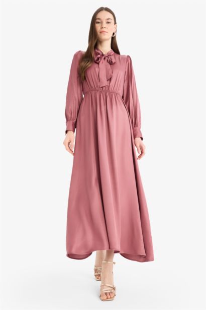 Regular Fit Bow Collar Satin Midi Dress