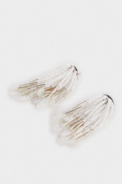Woman White Pearl Straw Detailed Earrings