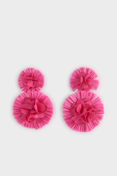Woman Pink Flower Straw Detailed Earrings