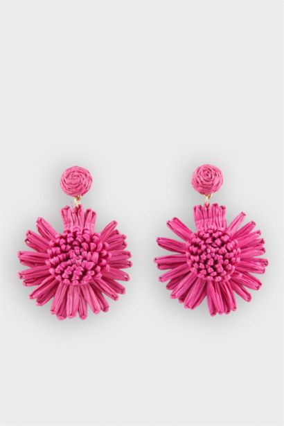 Woman Pink Straw Detailed Earrings