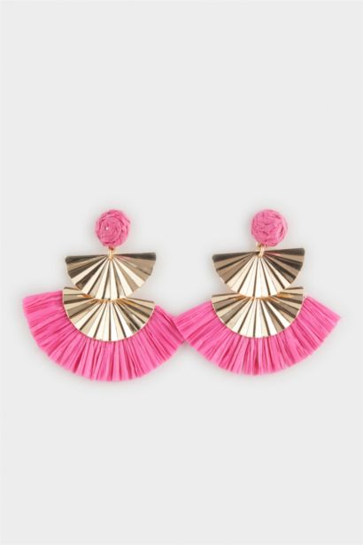 Woman Pink Straw Detailed Gold Earrings