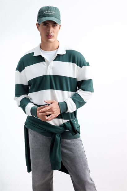 Boxy Fit Polo Neck Striped Sweatshirt