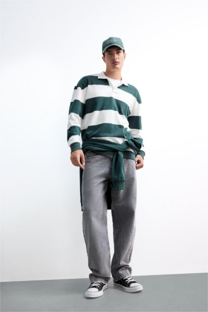 Boxy Fit Polo Neck Striped Sweatshirt