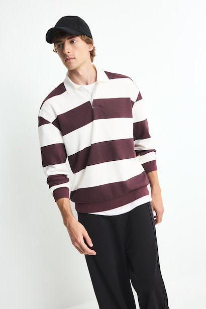 Boxy Fit Striped Polo Collar Sweatshirt