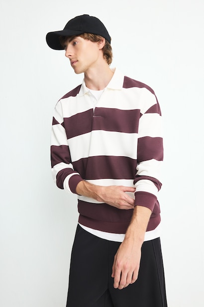 Boxy Fit Striped Polo Collar Sweatshirt