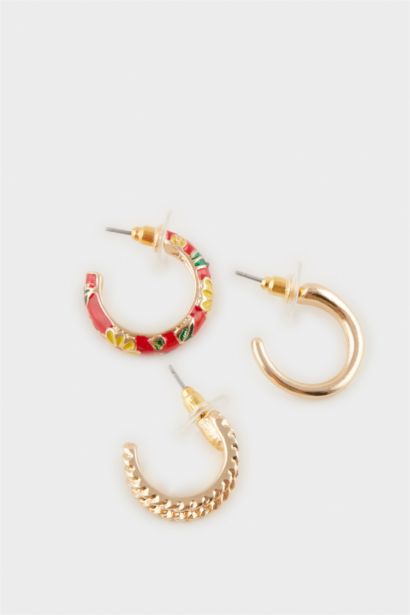 حلق حريمي ذهبي فلورال أحمر - 3 قطع