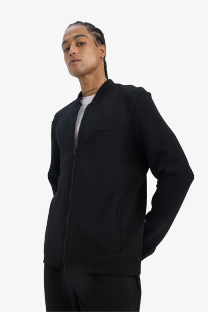 Slim Fit Bomber Collar Scuba Fabric Cardigan