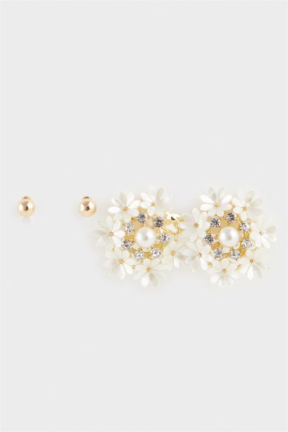 Woman 2 Piece Pearl Detailed Flower Earrings