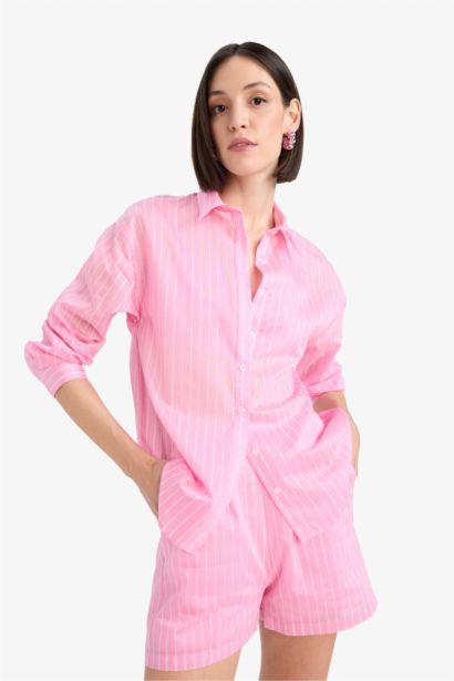 Afra X DeFacto Oversize Geniş Kalıp Çizgili Modal Uzun Kollu Gömlek