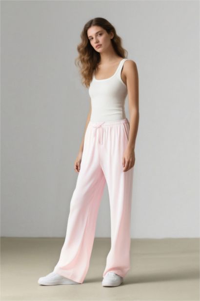 Wide Leg Üç Cepli Normal Bel Standart Boy Geniş Paça Keten Karışımlı Palazzo Pantolon