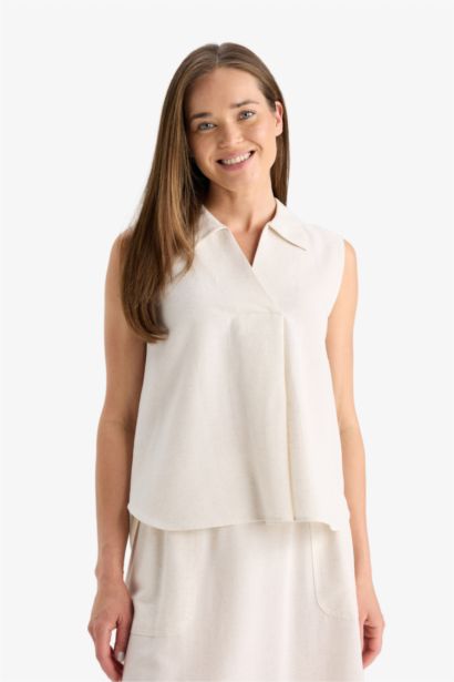 Regular Fit V Neck Linen Blend Blouse