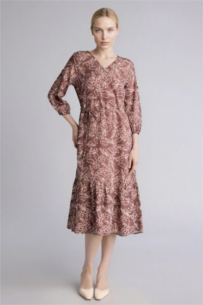 Regular Fit V Neck Floral Patterned Half Sleeve Midi Dress