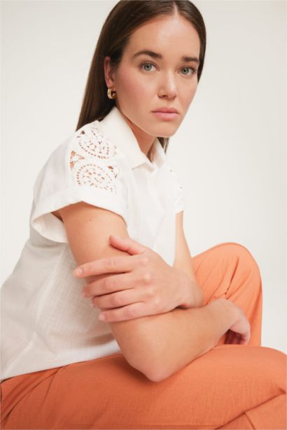 قميص نص كم من قطن قصة عادية بالدانتيل