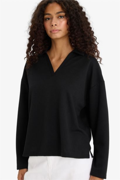 Sweat noir à col polo Coupe décontractée