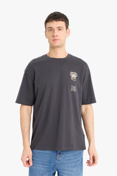 تيشيرت قطن أوفر سايز مطبوع برقبة مستديرة