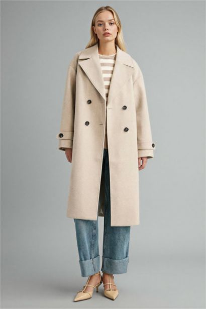 Regular Fit Düğmeli Uzun Kaşe Kaban