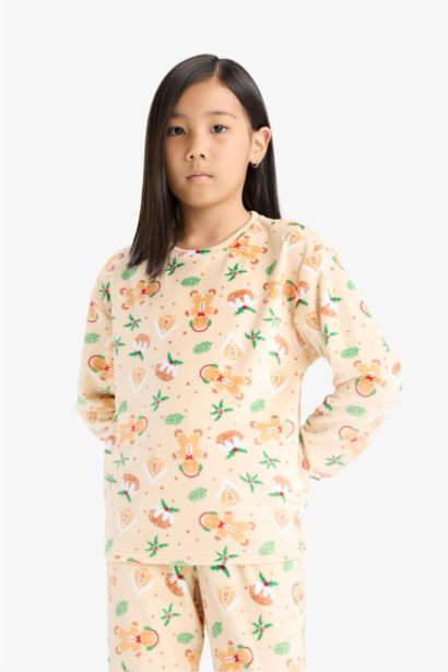 Yılbaşı Temalı Pijama Takımı Kadife Uzun Kollu Üst Uzun Alt Kız Çocuk