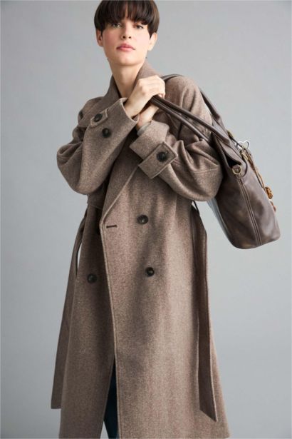 Regular Fit Düğmeli Kaşe Uzun Kaban