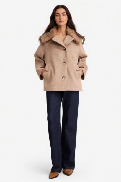 معطف جوخ قصة عادية بفرو قابل للإزالة