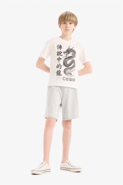 2'li Takım Baskılı Kısa Kollu Tişört Beli Lastikli Şort Erkek Çocuk