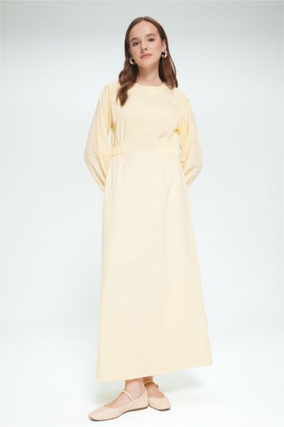 Relax Fit Bisiklet Yaka Keten Karışımlı Uzun Kollu Maxi Elbise