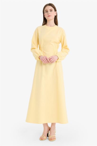 Relax Fit Bisiklet Yaka Keten Karışımlı Uzun Kollu Maxi Elbise