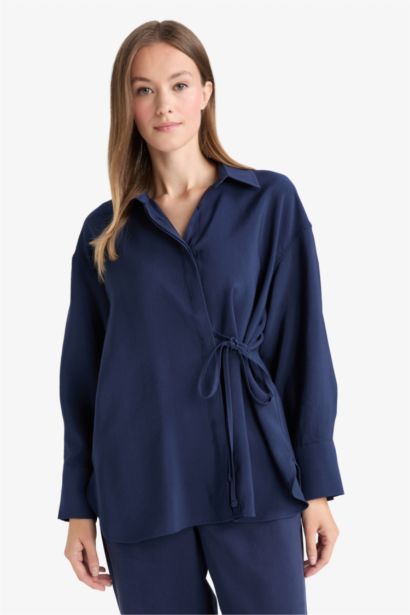 Relax Fit Modal Tie Front Long Sleeve Shirt Tunic