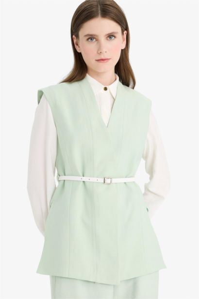 V Yaka Kemerli Twill Tesettür Klasik Yelek