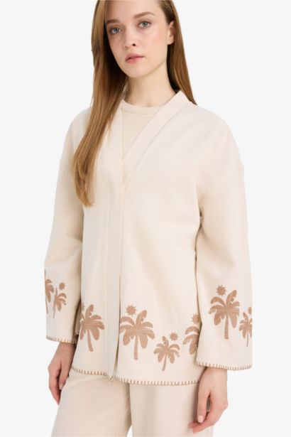 Relax Fit Baskılı Keten Karışımlı Uzun Kollu Kimono