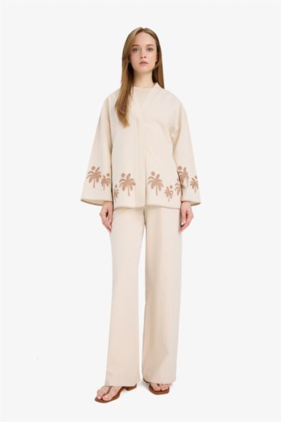 Relax Fit Baskılı Keten Karışımlı Uzun Kollu Kimono