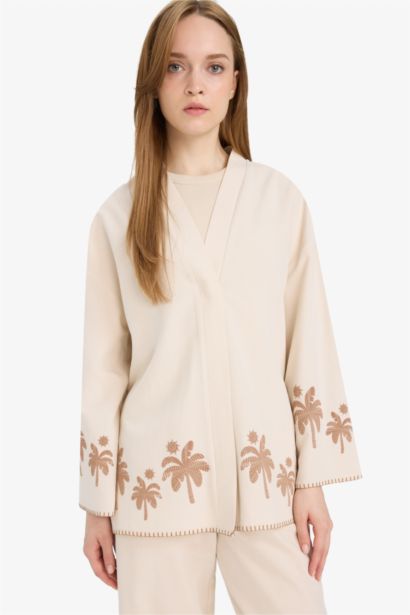 Relax Fit Baskılı Keten Karışımlı Uzun Kollu Kimono