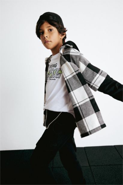 Boy Oversize Fit Hooded Plaid Flannel Shirt
