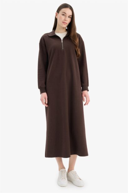 Loose Fit Zippered Polo Collar Basic Midi Dress