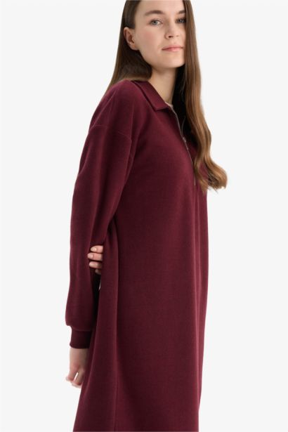 Loose Fit Zippered Polo Collar Basic Midi Dress