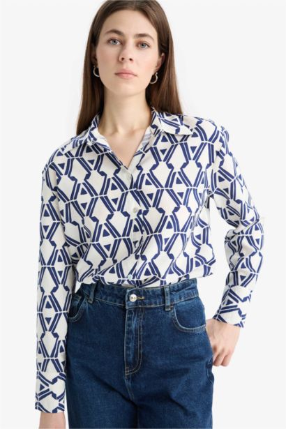 Oversize Fit Shirt Collar Printed Long Sleeve Shirt