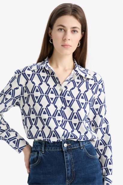 Oversize Fit Shirt Collar Printed Long Sleeve Shirt