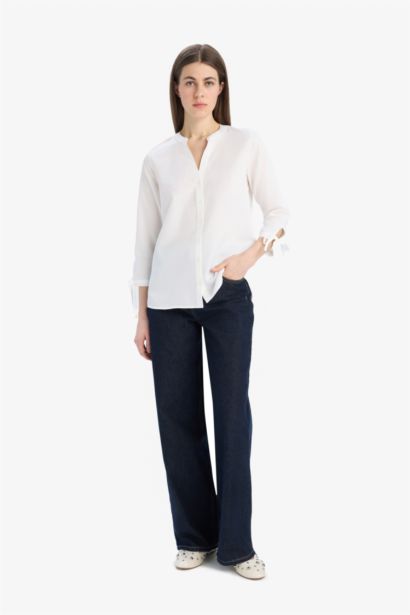 قميص ردن طويل بوبلين قصة عادية بياقة قميص