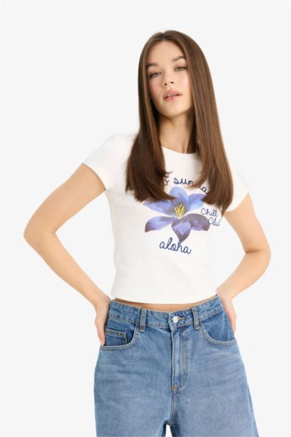 Fitted Crew Neck Printed Ribbed T-Shirt