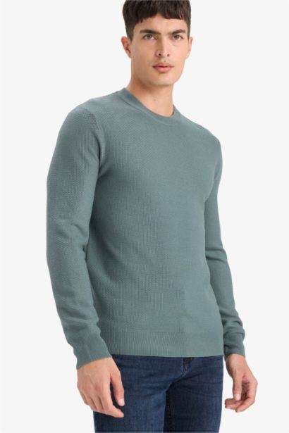 Standard Fit Crew Neck Basic Textured Knit Pullover