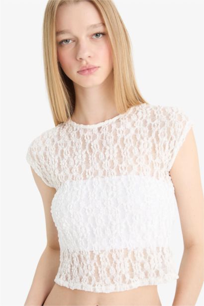Fitted Lace Short Sleeve Blouse