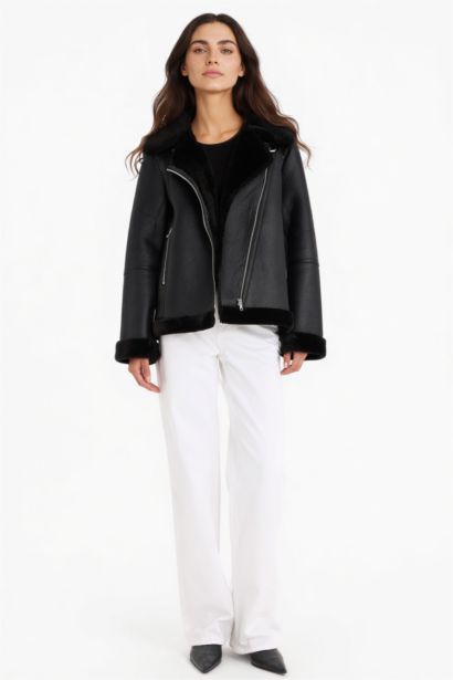 Regular Fit Suni Kürk Astarlı Fermuarlı Suni Deri Ceket Mont