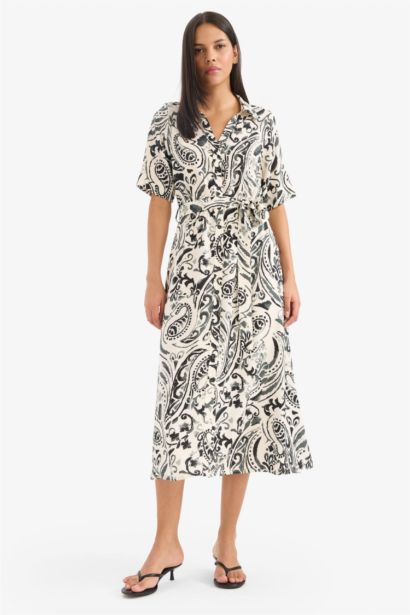 Shirt Collar Floral Patterned Belted Midi Dress