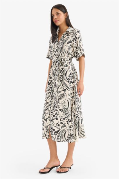 Shirt Collar Floral Patterned Belted Midi Dress