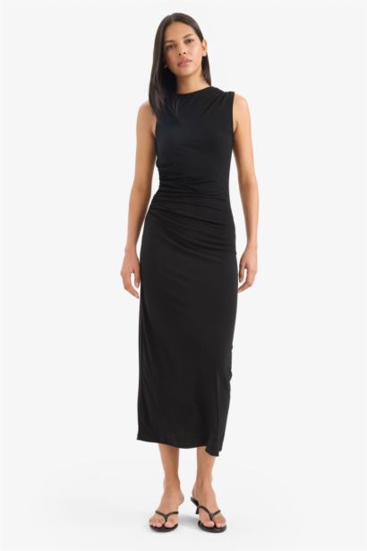 Bodycon Vücudu Saran Dik Yaka Basic Düz Kolsuz Maxi Abiye Elbise